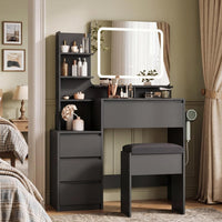 Garvee Vanity Desk, 36-Inch Makeup Vanity Desk, Power Outlet, USB Ports, Stool, 3 Color Adjustable Light, Dressing Table with 4 Drawers, Storage Shelves for Bedroom Women, Black