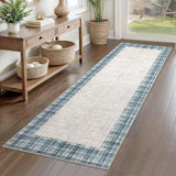 Garvee Washable Runner Rug 2x6 Modern Plaid Runners Distressed Checkered Hallway Rug Non Slip Low Pile Rugs Farmhouse Floor Cover for Laundry Room Kitchen Bedroom Living Room, Blue - Blue