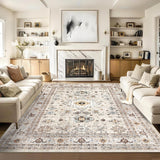 Garvee 8x10 Area Rug Anti-Slip Washable Living Room Rug Indoor Soft Floor Cover Vintage Floor Mat Low Pile Ultra-Thin Bedroom Rug Oriental Distressed Kitchen Rug for Nursery Dining Room Office Beige - Beige