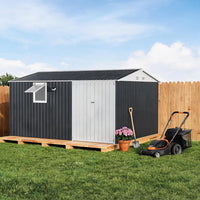 Garvee 10' x 12' Metal Outdoor Storage Shed, Reinforced Galvanized Steel Garden Shed with Lockable Double Doors, Window, Vents, Pegboard & Solar Sensor Light, Weather-Resistant Backyard Storage Unit, Black