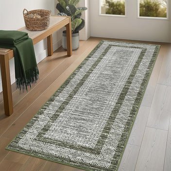 Garvee Bordered Green 2x6 Runner Modern Rug Soft Non Slip Runner Washable Non Shedding Floor Carpet, Distressed Geometric Hallway Runner, Indoor Printed Runner for Kitchen, Entrance