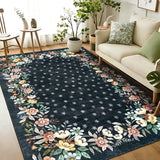 Garvee Black 6x9 Area Rugs Floral Washable Low-Pile Non-Slip Carpet for Living Room Bedroom Dining Room - Black