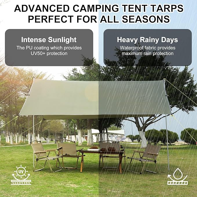 Garvee 10x9ft Camping Tarp - Waterproof Hammock Rain Fly with 2 Aluminum Poles, Lightweight Backpack Tent Tarp for Travel, Green