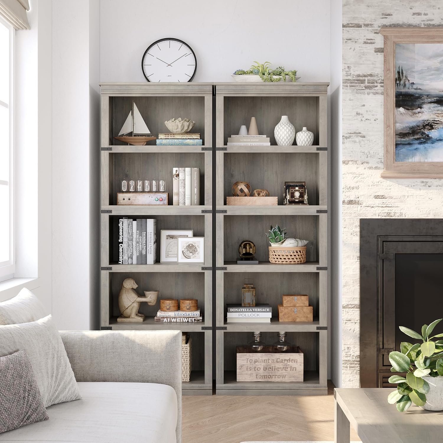 Garvee 5 Tier Farmhouse Bookcase, 67.4 in Tall Book Shelf with Storage, Wooden Bookshelves 5 Shelf Display Shelvesfor Home Office, Living Room, Bed Room (Gray, 67.4 in H x 24.4 in W x 12.8 in D)