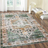 Garvee Orange Green 9x12 Area Rugs Boho Rug Washable Rug Soft Large Area Rug Non-Slip Vintage Distressed Rug for Living Room Bedroom Farmhouse Dining Room Playroom Office, Thin Carpet Medallion Rugs - Orange Green