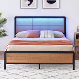Garvee Rattan Platform Bed Frame Full Size + Modern Style + LED Light + Heavy Duty Steel Slat + No Box Spring Needed + Boho Design + Easy Assembly - black + RGB LED