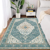 Garvee Green 4x6 Vintage Medallion Print Boho Area Rug, Washable Low Pile Carpet with Non-Slip Rubber Backing, Foldable Non-Shedding Floor Mat for Dining Room, Office, Bedroom, Living Room - Green