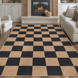 Garvee Easy Jute 8x10 Checkered Area Rug, Non-Slip Washable Indoor Outdoor Jute-Look Carpet, Black & Tan Farmhouse Rug for Living Room, Patio, Kitchen & Entryway - Brown-Checkerboard-1