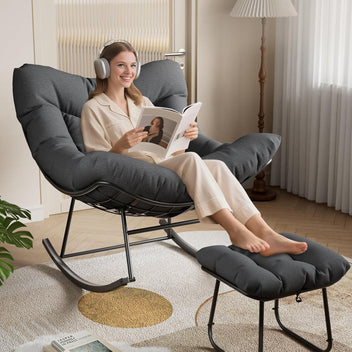 Garvee Papasan Rocking Chair with Footrest, 400 lbs Indoor Outdoor Lounge Rocker with Thick Cushion & Ottoman for Patio, Balcony, Porch & Bedroom, Dark Gray