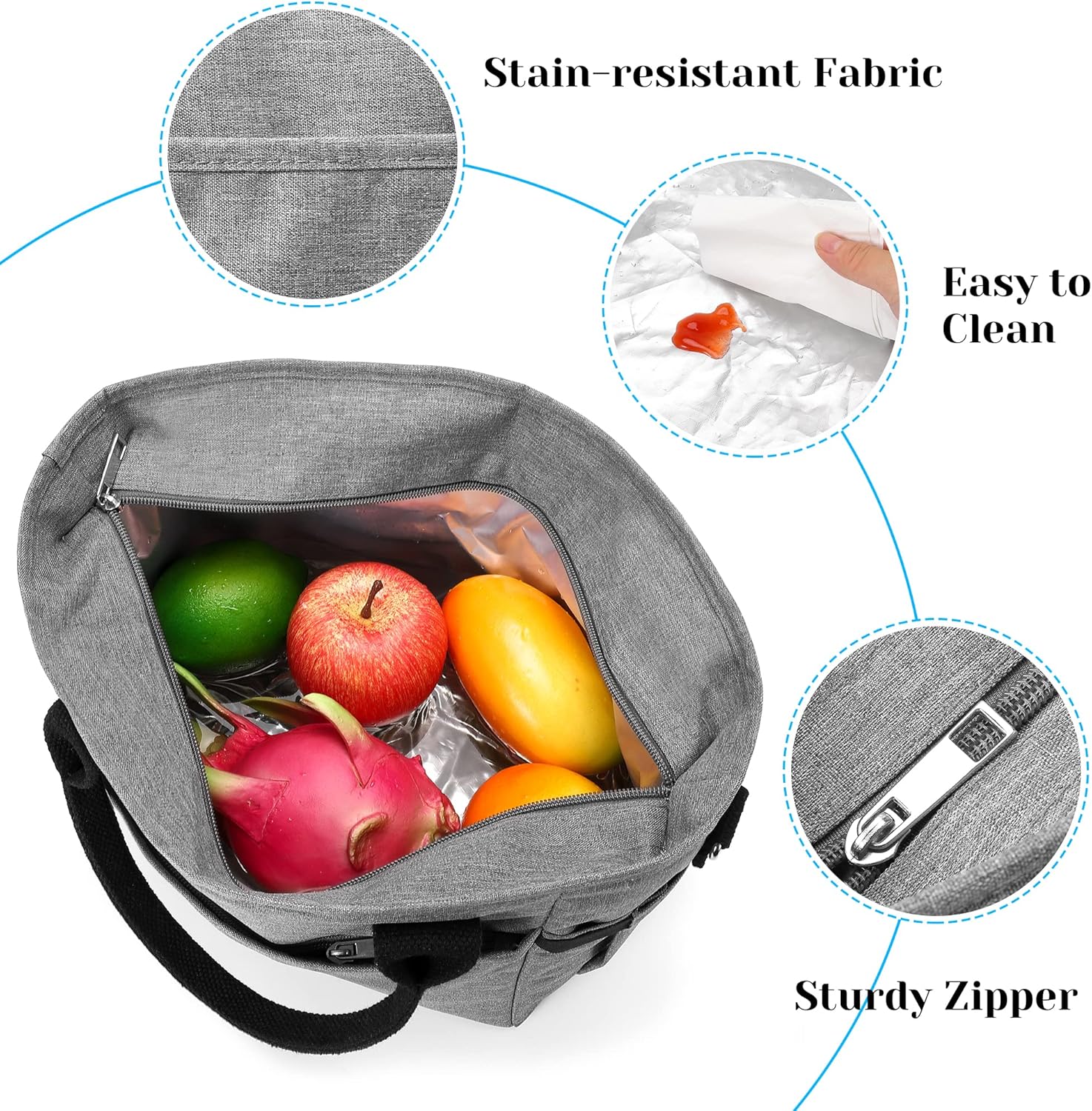 Garvee Lunch Bag for Women Men, Tote Adult Lunch Box with Adjustable Shoulder Strap & Side Pockets, Portable Lunch Tote Bag for Work Picnic School or Travel Gray-Normal Size