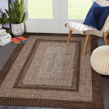 Garvee Bordered Brown 9x12 Boho Printed Washable Rug, Modern Braided Low Pile Polyester Area Rug Non-Slip Non-Shedding for Living Room Bedroom Office - Brown