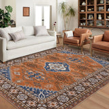 Garvee Washable Boho Rug 5x7 Ultra-Thin Distressed Vintage Rug Low-Pile Floor Carpet Stain Resistant Rugs for Living Room Bedroom Dining Room Office - Dark Orange