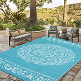 Garvee Outdoor Light Blue & White 9x12 Rug – Reversible Medallion Plastic Straw Rug, Waterproof Washable Outdoor Patio Rug for Deck, RV, Backyard, Picnic, Camp, Beach, or Balcony - Light Blue & White