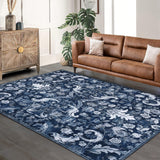 Garvee Traditional Area Rug Foldable Indoor Washable Thin Retro Floral Non-Slip Carpet Mat 10'x13' Dark Blue - Dark Blue