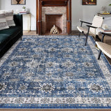 Garvee 4 * 6ft Vintage Area Rug - Washable Stain Resistant, Traditional Distressed Mat, Retro Floral Print, Foldable Thin Accent Rug, Non-Slip Carpet for Living Room Dining Room Office. Blue Tone - Blue