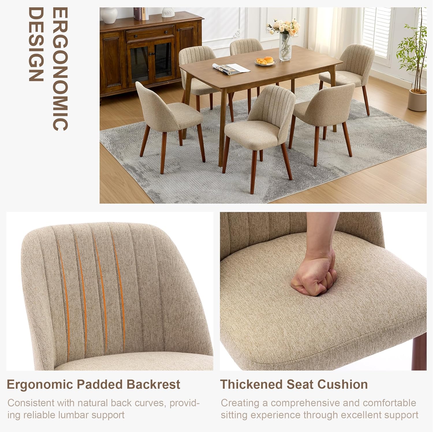 Garvee Set of 6 Mid-Century Modern Fabric Upholstered Dining Chairs with Padded and Solid Wood Legs, Camel