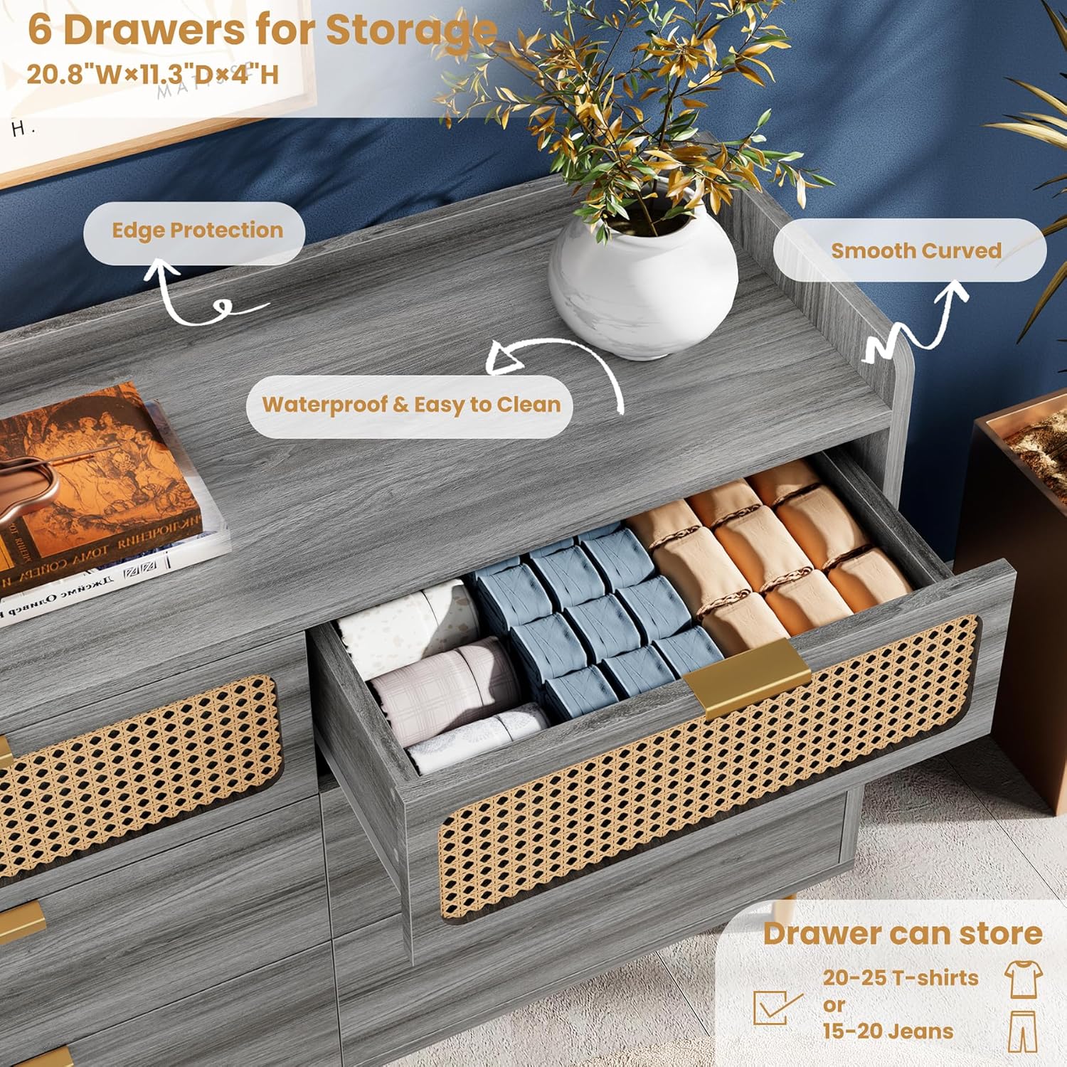 Garvee 6 Drawer Rattan Dresser, Narrow Wicker Chest of Drawer with Railed Edge, Metal Legs, Gold Handles, Farmhouse Wooden Storage Dresser for Bedroom, Living Room
