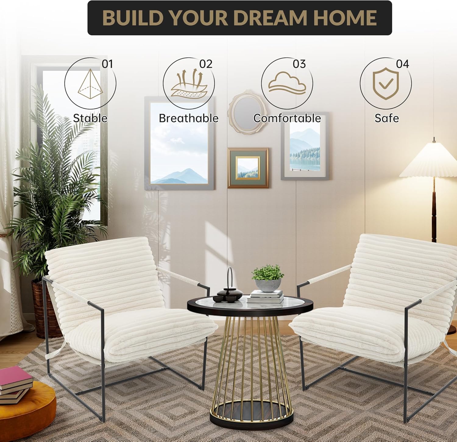 Garvee Modern Accent Chair, Comfy Living Room Chair with Metal Frame, Upholstered Armchair with Soft Cushion, Cozy Corduroy Sling Chair for Bedroom Balcony Lounge Reading Room, Beige