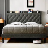 Garvee Queen Bed Frame with Charging Station and Wingback Storage Headboard, Button Tufted Upholstered Platform Bed with Adjustable Headboard, No Box Spring Needed, Noise-Free, Easy Assembly, Dark Grey - Dark Grey