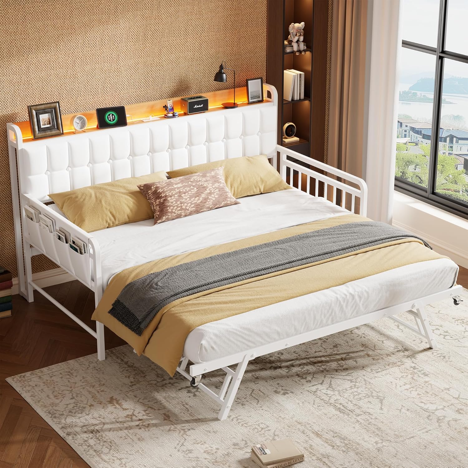 Garvee Daybed with Trundle, Twin Bed Frame with LED Light & Charing Station, Sofa Bed with Upholstered Storage Headboard and Heavy Duty Metal Slats, for Living Room, Bedroom, Guest Room, Gray/Beige