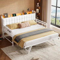 Garvee Daybed with Trundle, Twin Bed Frame with LED Light & Charing Station, Sofa Bed with Upholstered Storage Headboard and Heavy Duty Metal Slats, for Living Room, Bedroom, Guest Room, Gray/Beige