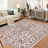 Garvee 10x13 Ft Boho Area Rug, Modern Machine Washable Floral Carpet, Ultra Thin Low Pile, Non Slip Backing, Camel Red - Red Brown