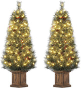 Garvee 4.5ft Christmas Tree Set of 2, Pre-lit Artificial Christmas Tree with 108 Warm LED Light, Potted Xmas Tree with Red Berries and Pine Cones, Christmas Decoration for Porch Entryway - Vintage Potted-Flowering Pine-2 Pack