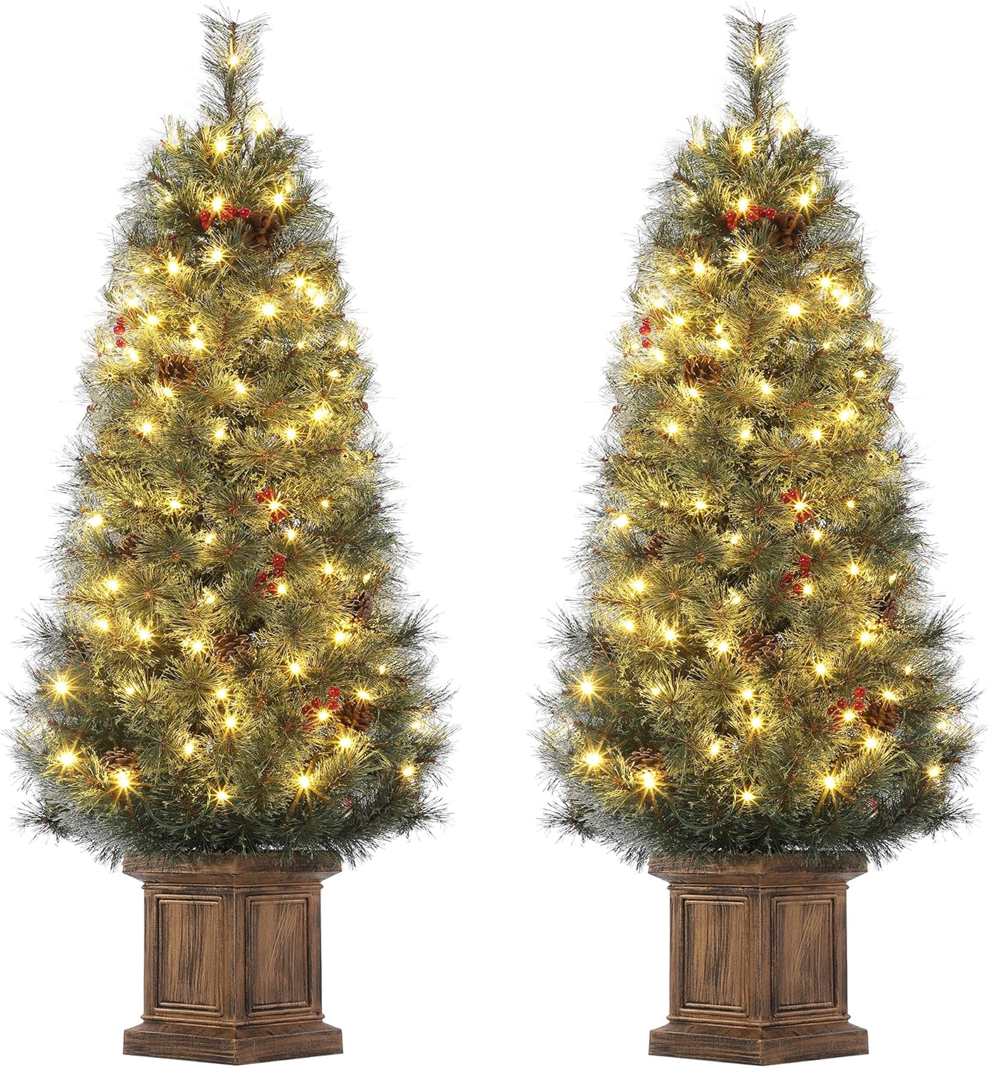 Garvee 4.5ft Christmas Tree Set of 2, Pre-lit Artificial Christmas Tree with 108 Warm LED Light, Potted Xmas Tree with Red Berries and Pine Cones, Christmas Decoration for Porch Entryway