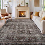 Garvee Washable Area Rugs 4x6 Vintage Floral Throw Rugs for Living Room, Brown, Ultra Soft Low Pile Non Slip Carpet - Brown