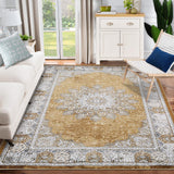 Garvee Vintage Area Rugs, Washable Rug for Living Room, Floral Print Rug, Vintage Rug Distressed Indoor Traditional Mat, Foldable Thin Rug, Non Slip Carpet for Bedroom, Dining Room, Home Office - Camel Gold