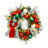 Garvee 24 Inch Pre-Lighted Christmas Wreath for Front Door Silver White Wreath, Battery Powered LED Lights with Bow Flower Ball Ornament for Wall Window Christmas Decoration