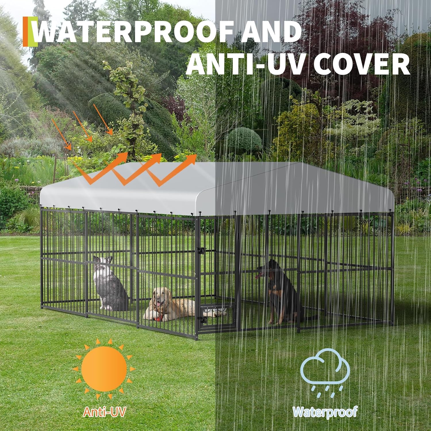 Garvee Outdoor Heavy Duty Large Dog Kennel, Walk-in Dog Cage with Metal Gate & Secure Lock, Large Dog Enclosure with Waterproof Roof, Includes Feeding Doors & Bowls for Backyard, 10x15x6 ft