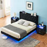 Garvee Floating Queen Bed Frame with LED Lights, Upholstered Platform, Storage Headboard, Metal and Wood, Easy Assembly, Black - Flannel Black
