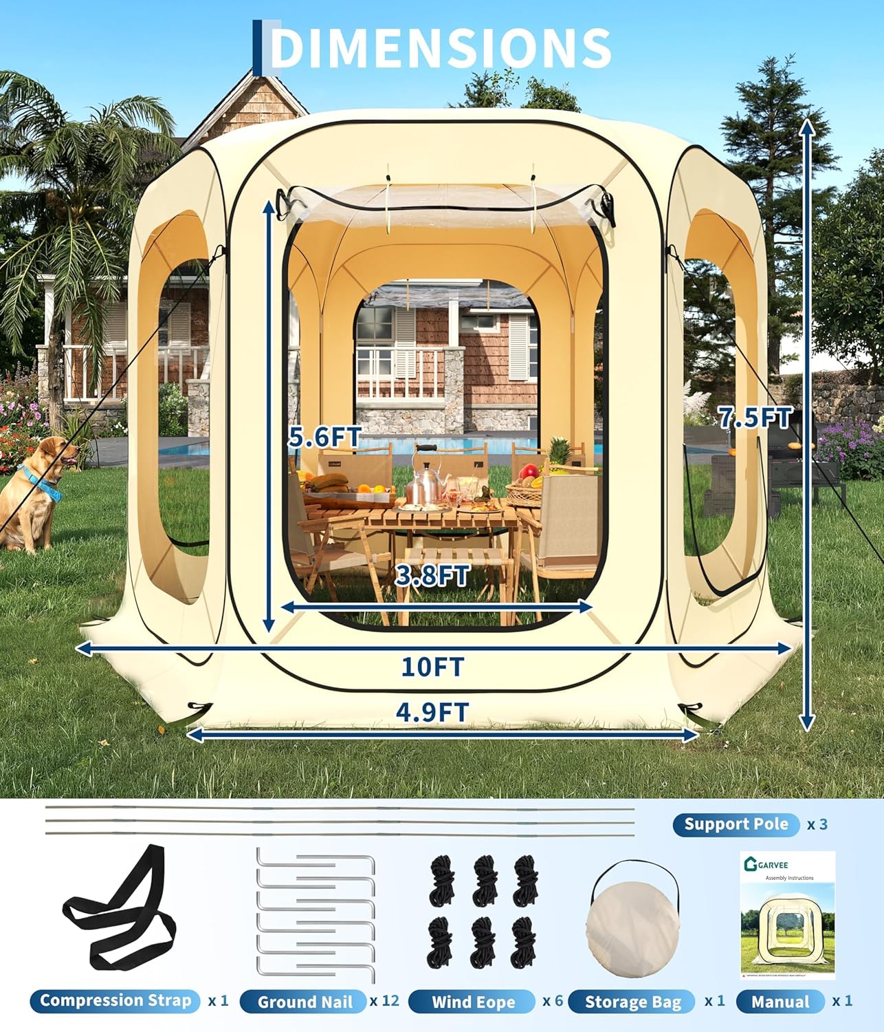 Garvee 10x10 Ft Outdoor All Weather Pop Up Tent, 6-8 Person Instant Tent Shelter, Rainproof Camping Sun Shelter Coldproof & Windproof for Patio, Backyard, Deck, Sports Events, Beige
