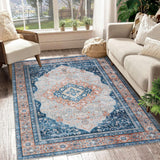 Garvee Machine Washable Area Rug 5x7 Vintage Distressed Area Rug for Living Room Bedroom Traditional Medallion Non-Slip Stain Resistant Accent Rug Carpet for Home Decor Floor Decoration, Blue - Blue Orange