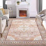 Garvee Vintage Washable Rug 5x7 Boho Tribal Area Rugs for Living Room Oriental Floral Distressed Carpet for Bedroom Soft Low Pile Aesthetic Rug Non Slip Non-Shedding Foldable Carpet Accent Rug Orange - Brown & Khaki