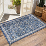 Garvee Area Rug - 9 * 12ft Washable Rug, Blue Vintage Rug, Traditional Floor Cover, Foldable Thin Retro Accent Rug, Indoor Distressed Non Slip Carpet - Blue