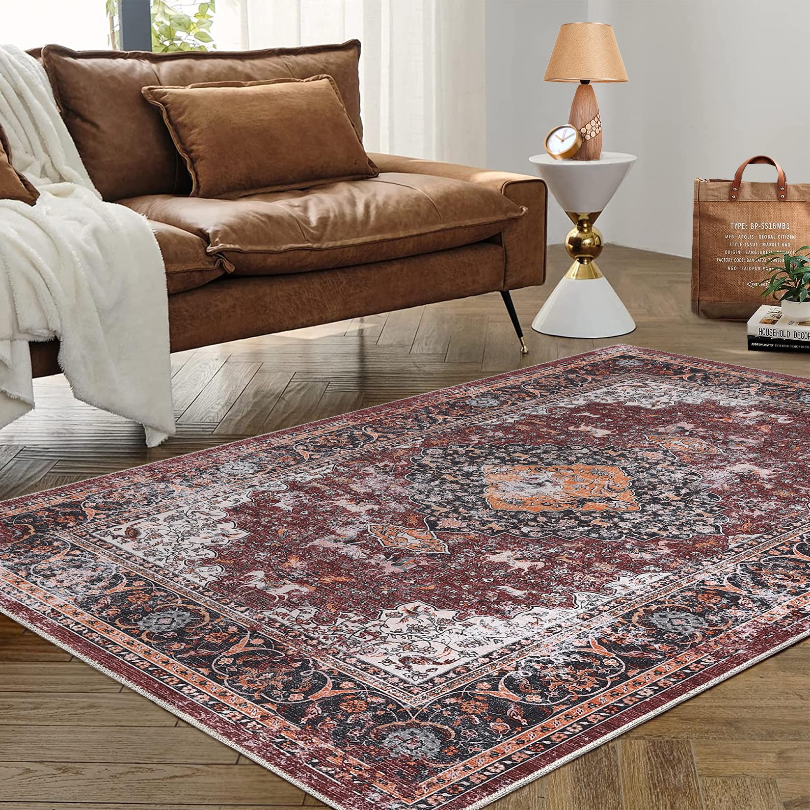 Garvee Area Rugs 4x6 Rug Washable Rugs Oriental Distressed Carpet Throw Rugs Washable Rug for Living Room Rug Vintage Area Rug for Bedroom Low Pile Office Rug Medallion Floor Cover Red