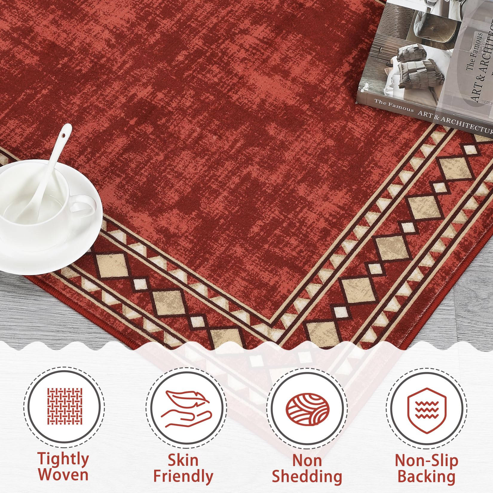 Garvee Bordered Red 4x6 Machine Washable Area Rug for Living Room Modern Bordered Area Rug, Non-Slip Stain Resistant Accent Rug Indoor Minimalist Border Floor Cover Carpet for Bedroom