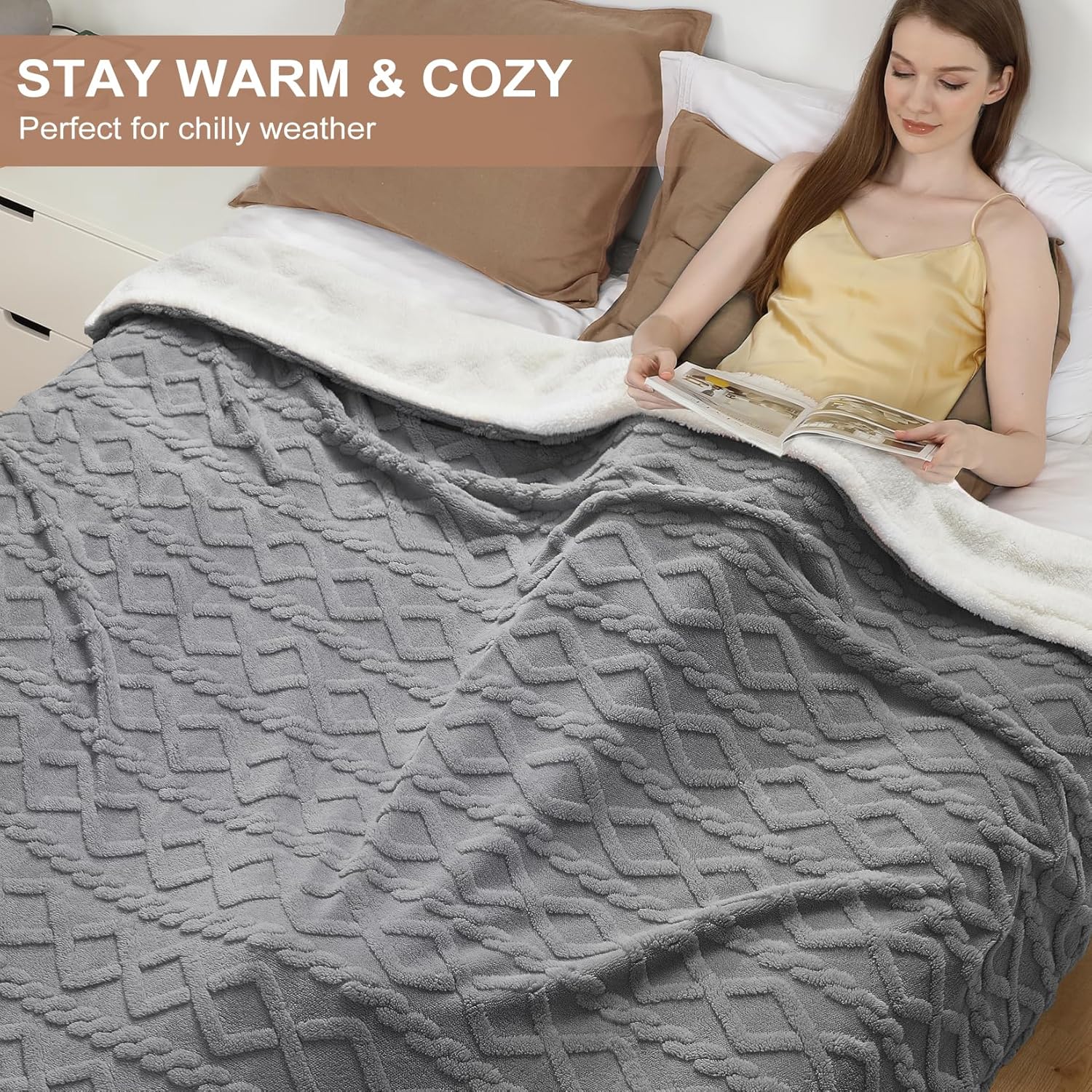 Garvee Electric Blanket King Size Dual Control - Thick Tufted Sherpa Heated Blanket King with 6 Heating Levels and 20 Time Settings, UL Certified Fast Heating Blanket King Size 90"×100", Grey