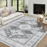 Garvee 5x7 Vintage Boho Tribal Washable Rugs for Living Room Non Slip, Chenille Thin Carpet Stain Resistant Throw Rugs for Dining Room - Grey - Gray