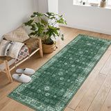 Garvee Area Rug Washable Printed Vintage Floral Non Slip Low Pile Rugs Soft Rubber Backed Indoor Bedroom Rugs Green 2x6ft - Green