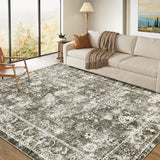 Garvee 8x10 Large Washable Area Rug Vintage Distressed Floor Carpet Traditional Floral Rug, Soft Thin Rug, Non Slip Non Shedding Low Pile Rug, Indoor Oriental Rug for Bedroom, Living Room, Camel - Camel Green