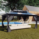 Garvee 12'x16' Permanent Hardtop Gazebo - Double Polycarbonate Roof & Aluminum Frame w/ Net & Curtain for Patio & Backyard (Grey) - Grey