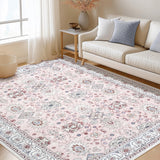 Garvee 5x7 Area Rug Vintage Printed Soft Non Slip Low Pile Carpet for Living Room Bedroom Kitchen Pink - Pink