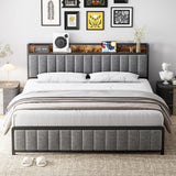 Garvee King Size Bed Frame with Shelf Headboard and Charging Station, Industrial Upholstered Platform Bed with Outlets, Heavy Duty Metal Slats Support, No Box Spring Needed, Easy Assembly, Grey - Gray