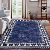 Garvee Bordered Dark Blue 10x13 Area Rug Extra Large Area Rug for Living Room, Modern Bordered Machine Washable Rug Stain Resistant Non-Slip Accent Rug Carpet Minimalist Border Floor Cover for Home Decor - Dark Blue