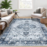 Garvee Washable Rugs 8x10 Vintage Distressed Area Rug for Living Room Bedroom Dining Room Blue Soft Non Shedding Stain Resistant Carpet - Blue