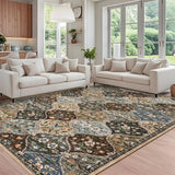 Garvee Floral 8x10 Taupe and Brown Area Rug Machine Washable Rug for Living Room Moroccan Trellis Accent Rug Stain Resistant Non-Slip Carpet Farmhouse Vintage Distressed Floral Floor Cover for Home Decor - Taupe/Brown