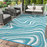 Garvee 9' x 18' Extra Large Light Blue Outdoor Rug, Waterproof UV Resistant Reversible Plastic Straw RV Awning Mat, Abstract Wave Design for Patio, Deck & Camping - Light Blue